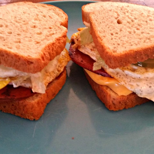 Kevin's Toasted Honey Wheat Berry Bologna and Egg Sandwich