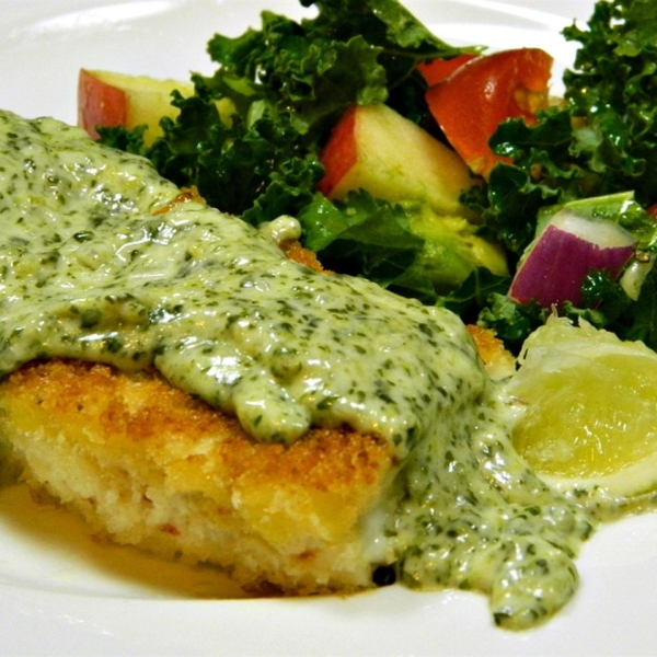 Panko Crusted Halibut with White Serrano and Cilantro Sauce