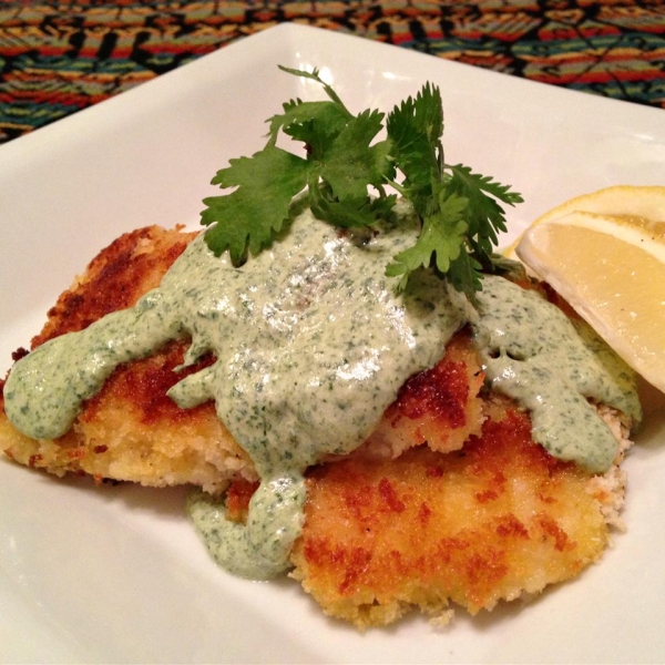 Panko Crusted Halibut with White Serrano and Cilantro Sauce