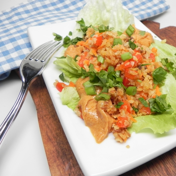 Cauliflower Rice Lettuce Wraps with Spicy Peanut Sauce