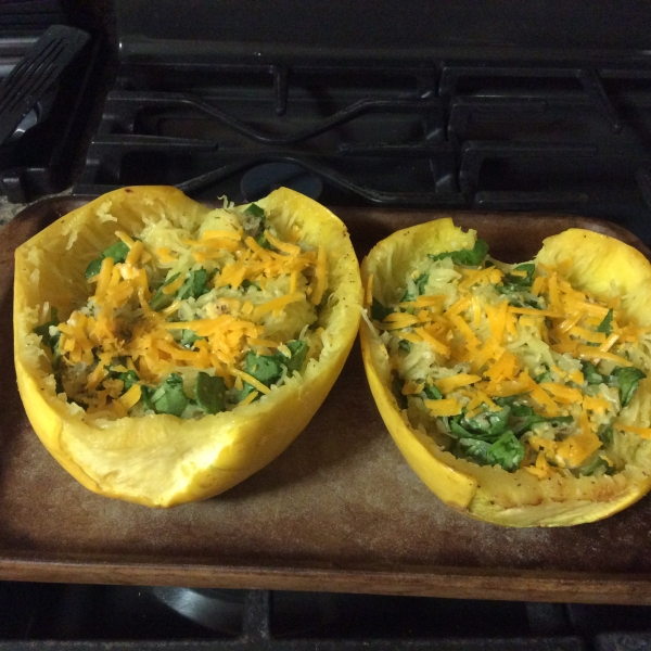 Cheesy Roasted Garlic Spaghetti Squash with Spinach