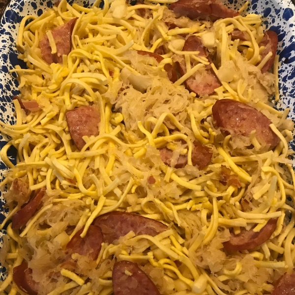 Spaetzle, Sauerkraut and Sausage Casserole