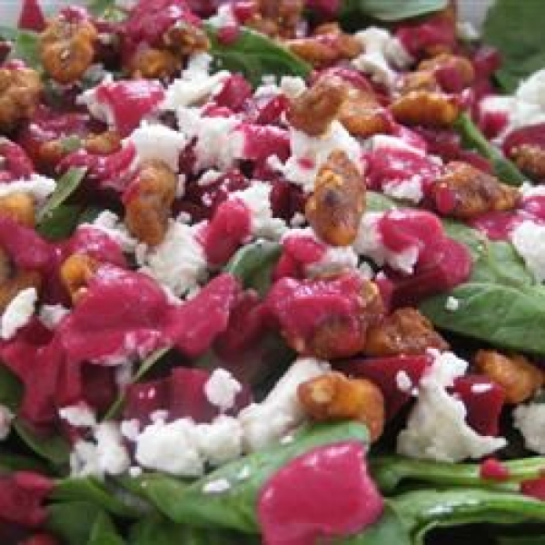 Spinach and Goat Cheese Salad with Beetroot Vinaigrette