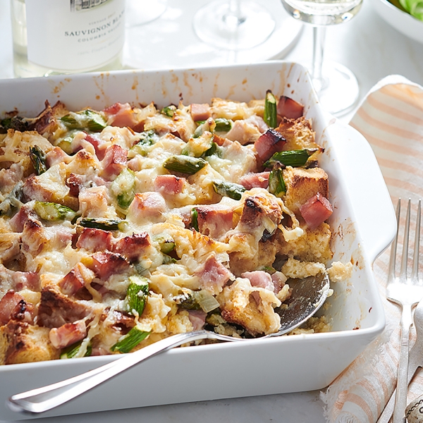 Ham, Asparagus, and Goat Cheese Strata