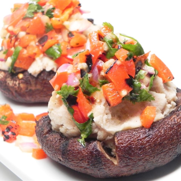 Grilled Portobello Mushrooms with Mashed Cannellini Beans and Harissa Sauce