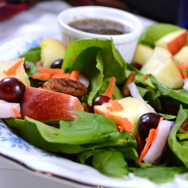 Apple, Pecan, Cranberry, and Avocado Spinach Salad with Balsamic Dressing