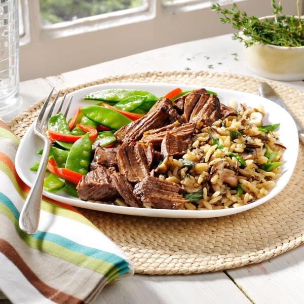 Beef with Spring Vegetables and Mushroom-Asparagus Rice
