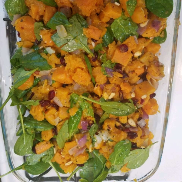 Roasted Butternut Squash with Onions, Spinach, and Cranberries