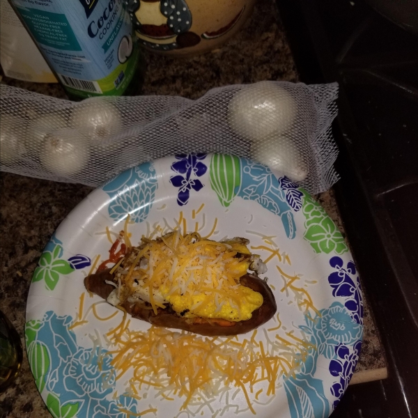 Cheesy Chorizo and Egg Sweet Potato Boats