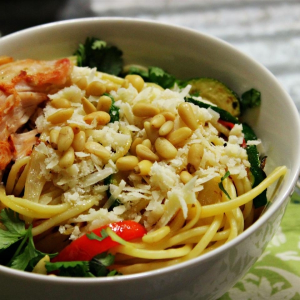 Browned Butter and Mizithra Cheese Pasta with Chicken, Spinach and Herbs