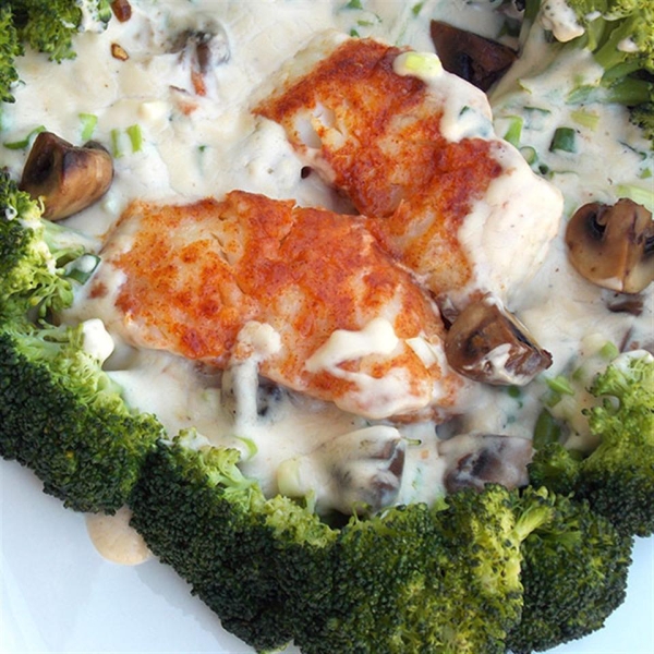 Pan-Seared Cod, Broccoli, and Mushrooms with Creamy Alfredo Sauce