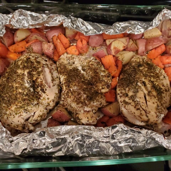 Broiled Chicken Breasts with Herbs, Carrots, and Red Potatoes