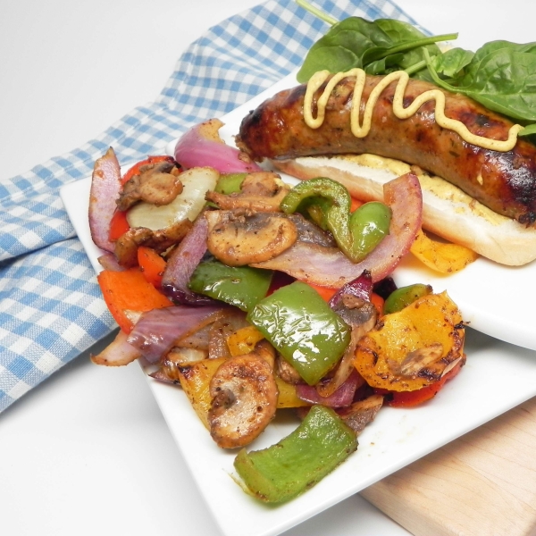 Grilled Boudin with Onions, Peppers, and Mushrooms