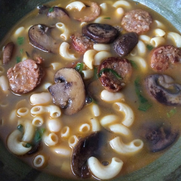 Gluten Free Elbows with Mixed Mushrooms and Italian Sausage Soup