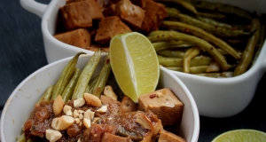 Baked Tofu and Green Beans with Spicy Rhubarb Sauce