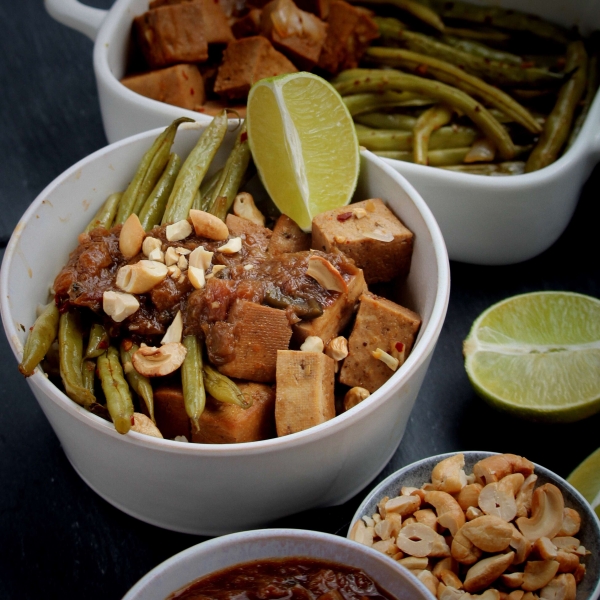 Baked Tofu and Green Beans with Spicy Rhubarb Sauce