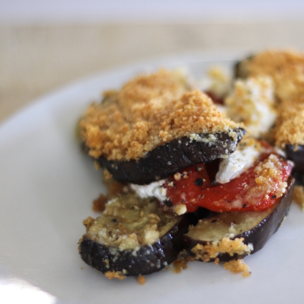 Eggplant Gratin with Roasted Bell Peppers and Goat Cheese