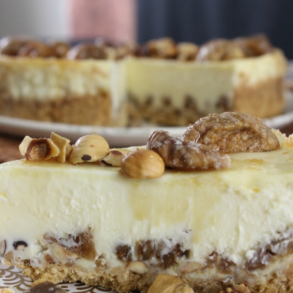 Fig-Hazelnut Cheesecake with Honey-Bourbon Drizzle