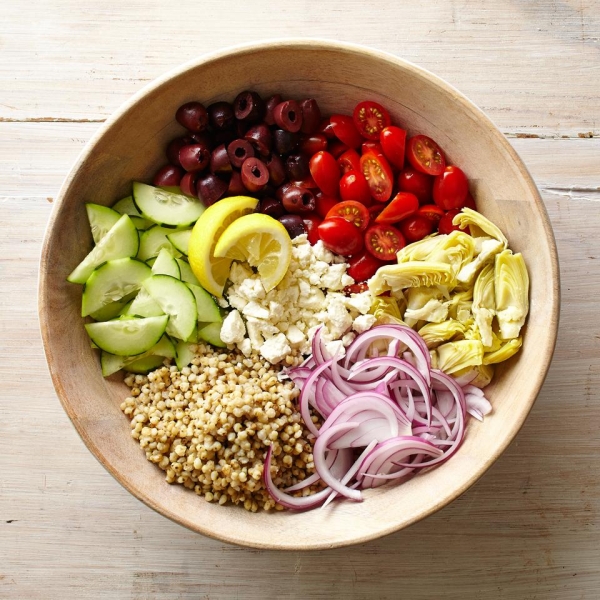 Greek Sorghum Bowl with Artichokes and Olives