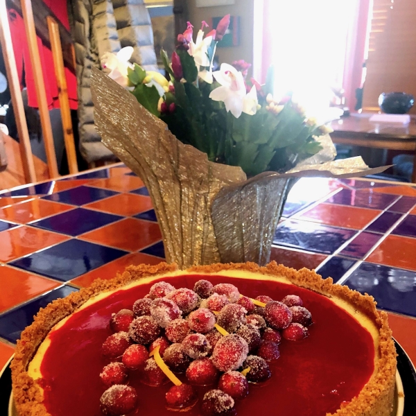 Cheesecake with Cranberry Glaze and Sugared Cranberries