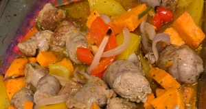 Italian Sausages with Roasted Sweet Potatoes and Sweet Peppers