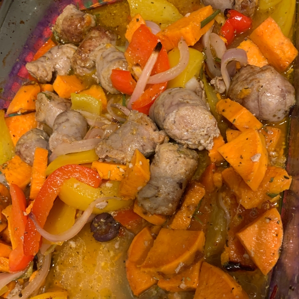 Italian Sausages with Roasted Sweet Potatoes and Sweet Peppers