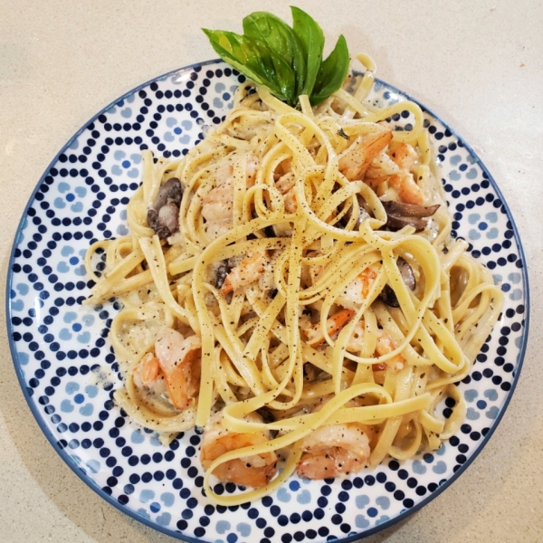 Shrimp and Mushroom Linguini with Creamy Cheese Herb Sauce