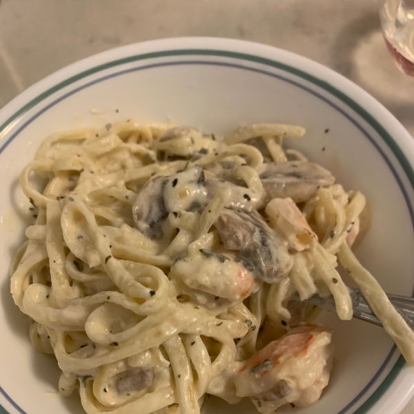 Shrimp and Mushroom Linguini with Creamy Cheese Herb Sauce