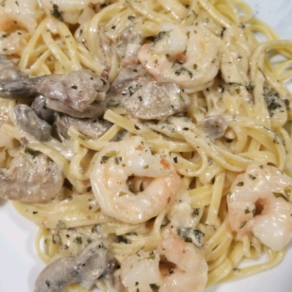 Shrimp and Mushroom Linguini with Creamy Cheese Herb Sauce