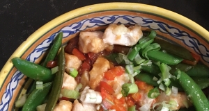 Szechuan Chicken, Peppers, and Peas on Rice