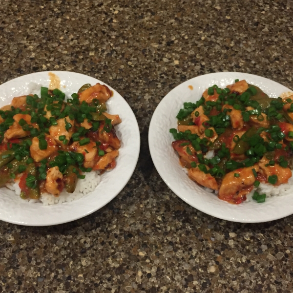 Szechuan Chicken, Peppers, and Peas on Rice