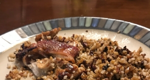 Herby Cauliflower Rice with Pecans and Candied Bacon-Wrapped Chicken