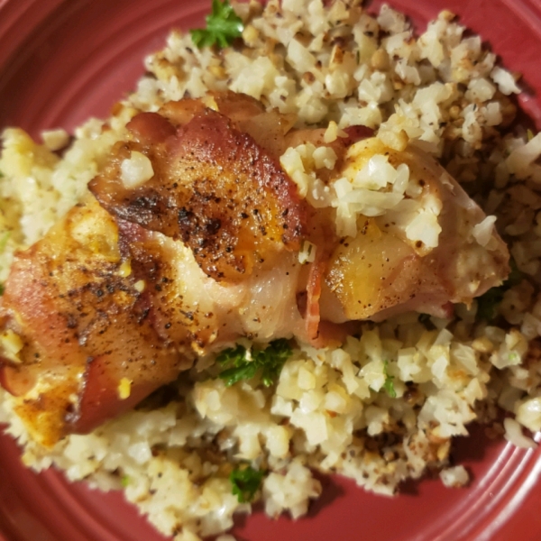 Herby Cauliflower Rice with Pecans and Candied Bacon-Wrapped Chicken