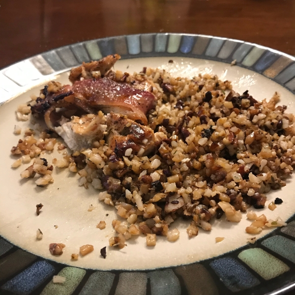 Herby Cauliflower Rice with Pecans and Candied Bacon-Wrapped Chicken