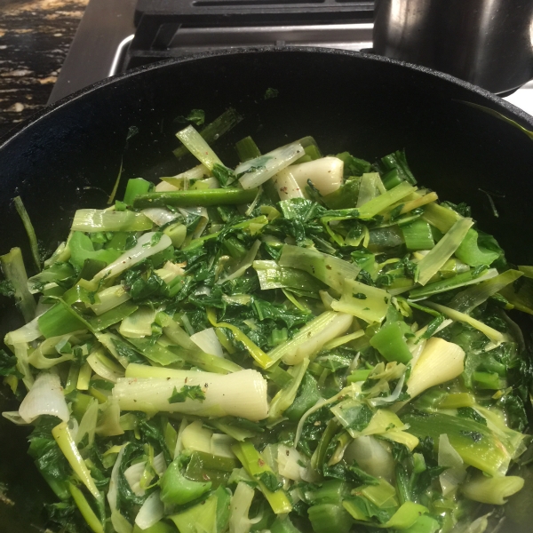 Braised Leeks and Mustard Greens