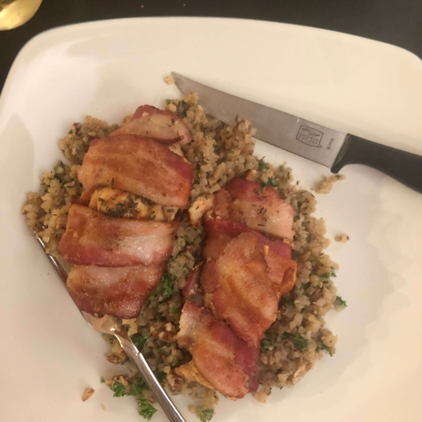 Herby Cauliflower Rice with Pecans and Candied Bacon-Wrapped Chicken