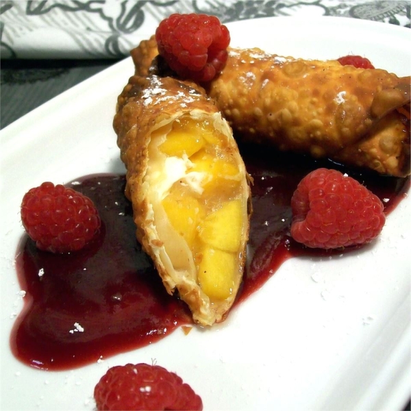 Quick and Easy Peach Pie Egg Rolls with Raspberry Sauce