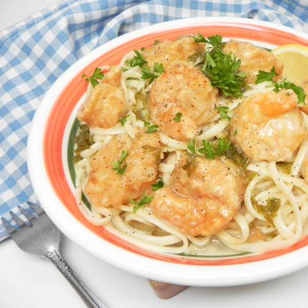 Shrimp Francese over Linguine