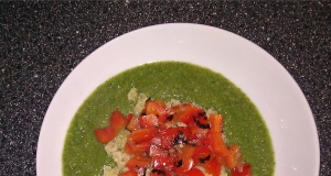 Puree of Green Things Soup with Quinoa and Pepper Relish