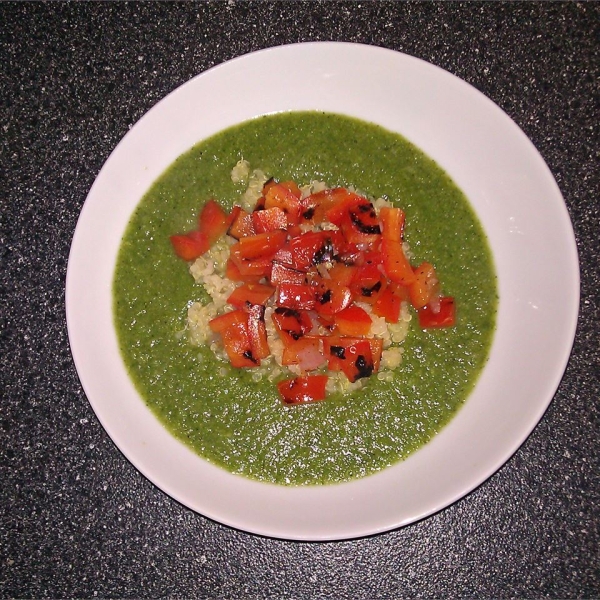 Puree of Green Things Soup with Quinoa and Pepper Relish