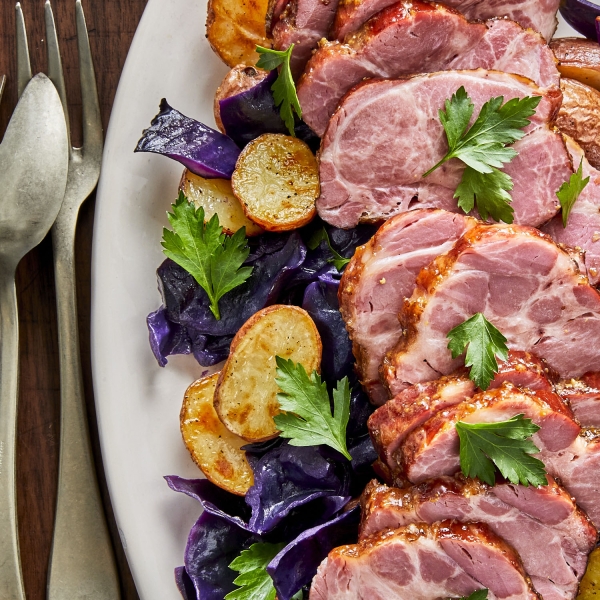 Spiced Honey Mustard Cottage Ham with Purple Cabbage