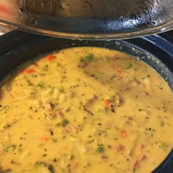 Potato, Ham, Broccoli, and Cheese Soup with Baby Dumplings