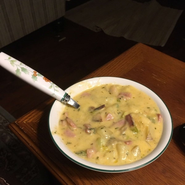 Potato, Ham, Broccoli, and Cheese Soup with Baby Dumplings