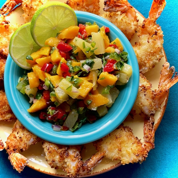 Air Fryer Butterflied Shrimp with Pineapple and Mango Salsa