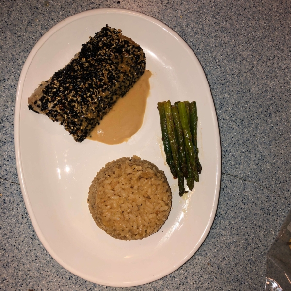 Sesame-Crusted Mahi Mahi with Soy, Shiso, and Ginger Butter Sauce