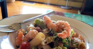 Shrimp, Broccoli Rabe, and Tomatoes Over Penne Pasta