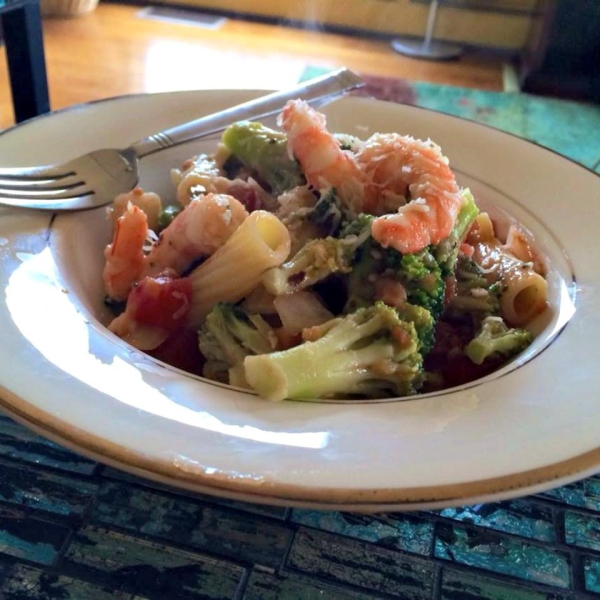 Shrimp, Broccoli Rabe, and Tomatoes Over Penne Pasta