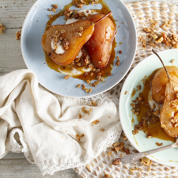 Chai-Poached Pears with Spicy Orange Sauce and Homemade Granola