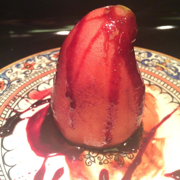 Red Wine Poached Pears with Chocolate Filling
