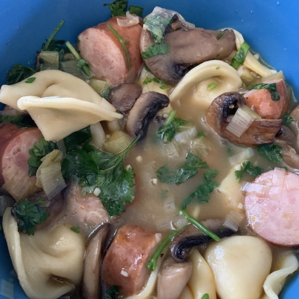 Mushroom, Leek, Chicken Sausage and Tortellini Soup